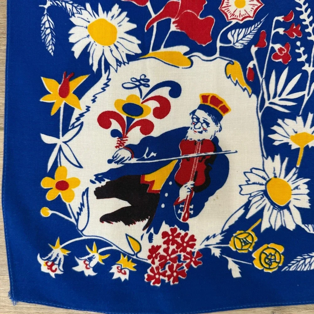 Vintage Swedish Bandanna Scarf Ahrnebergs AB Hand Printed Blue Folk Art 25
